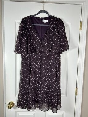 Harper Rose Purple Midi Dress with Tan  Polka Dots and V-Neckline size 14